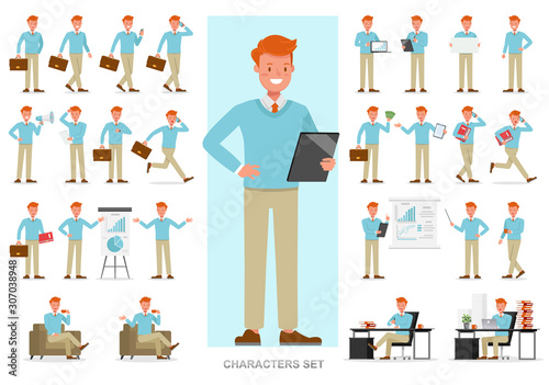 Set of business people working character vector design. Presentation in various action with emotions, running, standing and walking. Create your own pose design. no3