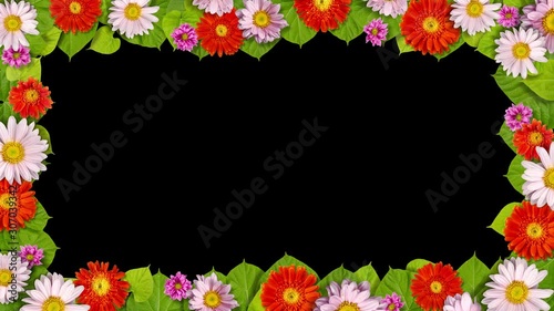Colorful flowers with green leaves frame