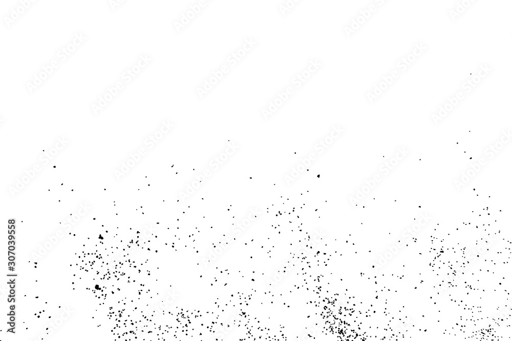 Obraz premium Abstract grainy texture isolated on white background. Top view. Dust, sand blow or bread crumbs.Silhouette of food flakes such as salt or almond or wheat flour spread on the flat surface or table.