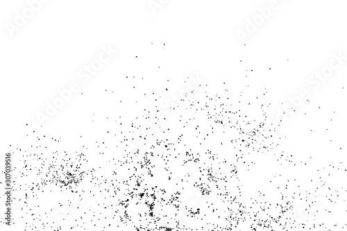 Abstract grainy texture isolated on white background. Top view. Dust, sand blow or bread crumbs.Silhouette of food flakes such as salt or almond or wheat flour spread on the flat surface or table.