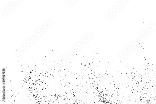 Abstract grainy texture isolated on white background. Top view. Dust, sand blow or bread crumbs.Silhouette of food flakes such as salt or almond or wheat flour spread on the flat surface or table.