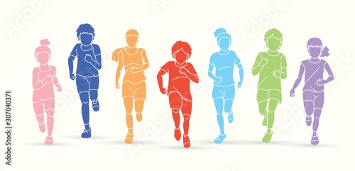 Group of Children running together cartoon graphic vector