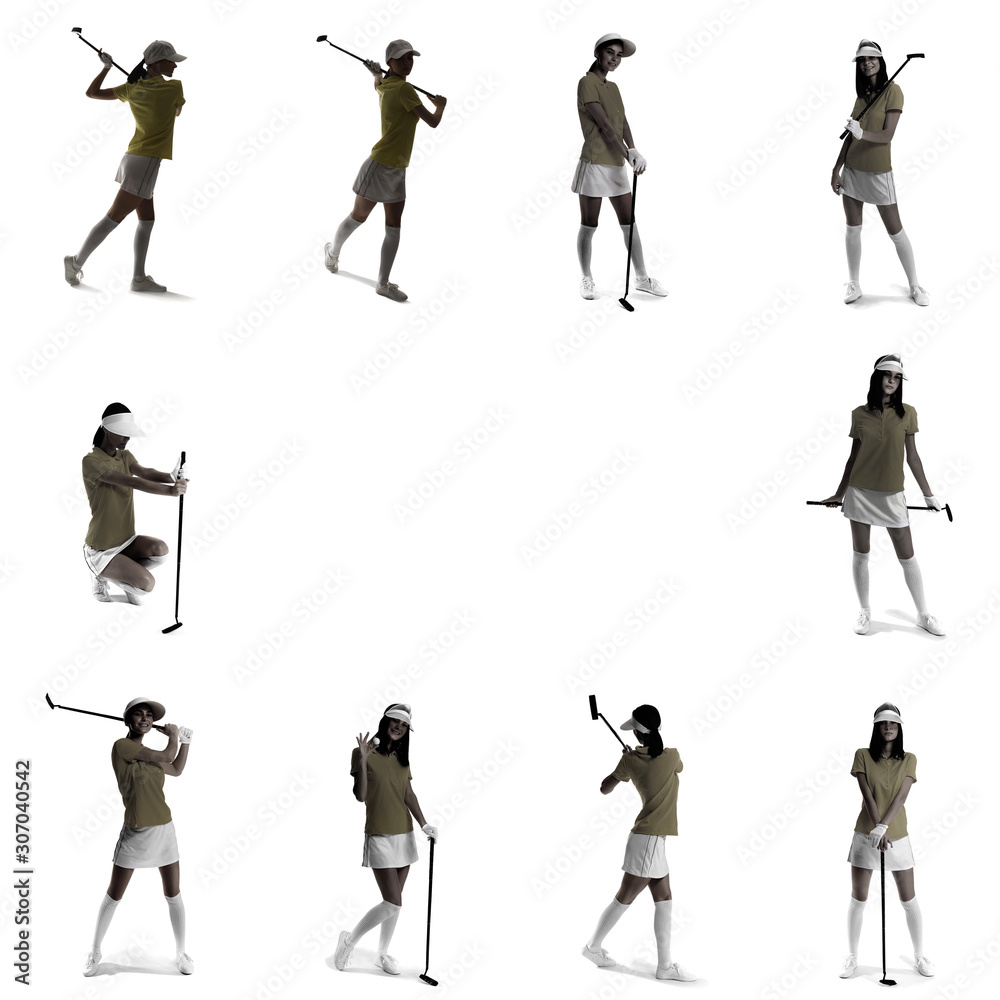 Set with beautiful golfers and space for text on white background