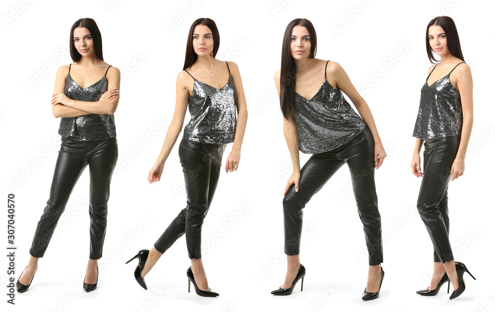 Obraz premium Set with beautiful fashionable young woman on white background