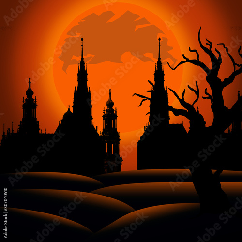 The haunted temple castle house poster design on halloween