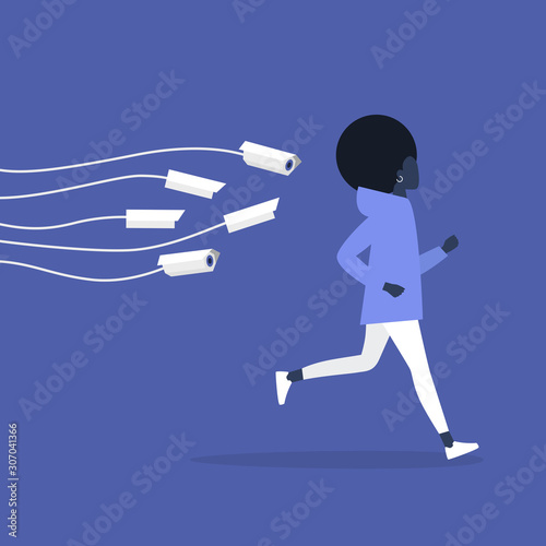 Young black female character being chased by CCTV cameras, privacy violation in a modern world