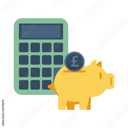 piggy savings money with calculator and sterling pound