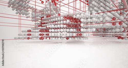 Abstract architectural white interior from an array of concrete and glass spheres with large windows. 3D illustration and rendering.