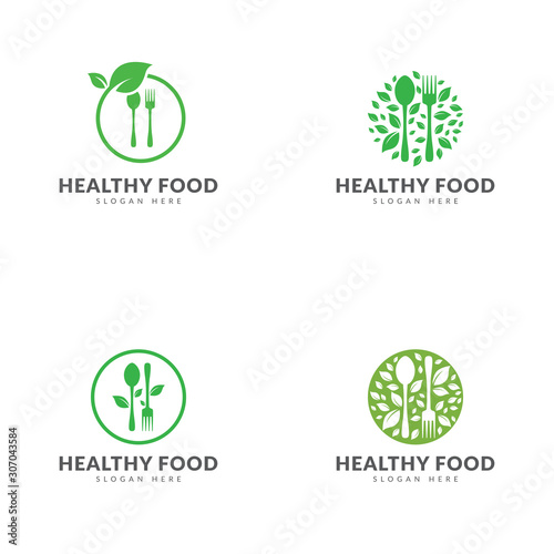 Green healthy food logo template collection, spoon, fork, green leaf, circle vector design