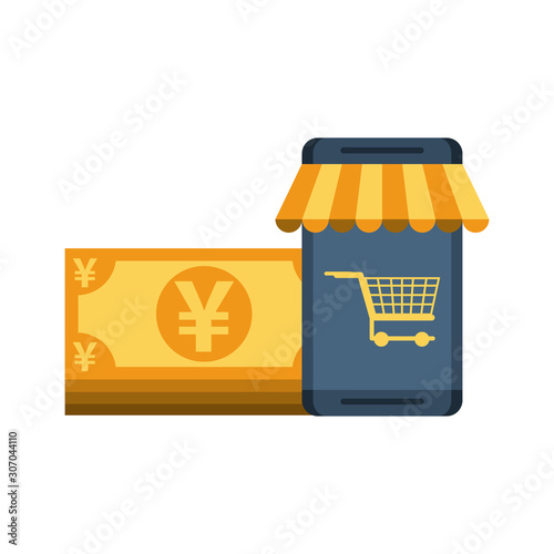 golden bills yens money with smartphone