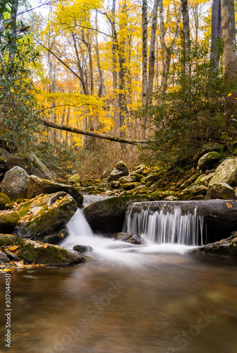 smoky mountains landscape in Gatlinburg, Tennessee. An autumn landscape with oak trees and a pond photo