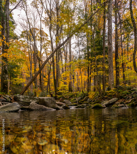 smoky mountains landscape in Gatlinburg, Tennessee. An autumn landscape with oak trees and a pond photo