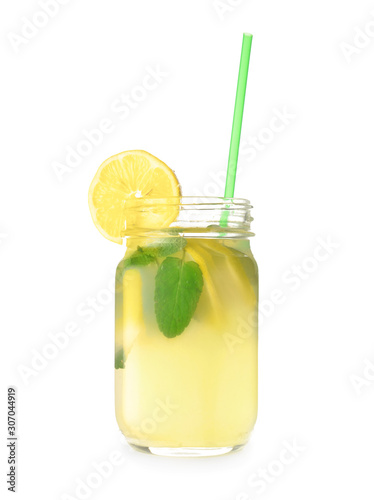 Mason jar of fresh lemonade on white background