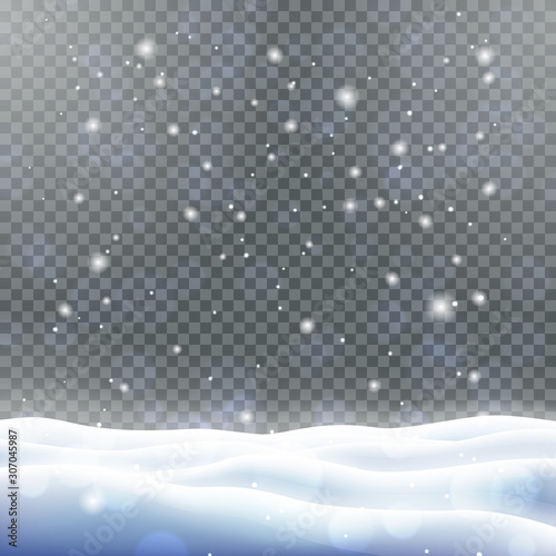Magic winter mockup with snowfall. Merry Christmas and Happy New Year template with copy space. Realistic snowdrifts and snowflakes on transparent background. Seasonal holidays vector illustration