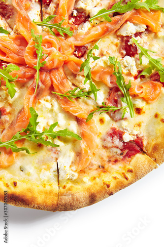 Pizza with Salmon, Cream Cheese and Fresh Rucola Leaves Isolated Side View