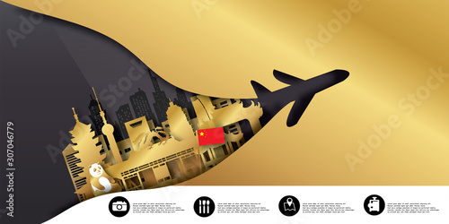 Travel China postcard, poster, tour advertising of world famous landmarks in paper cut style. Vectors illustrations