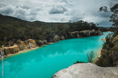 Aerial view of the Little blue lake in Tasmania with turquoise water