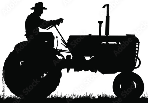 A vector silhouette of an old farmer driving an old tractor.