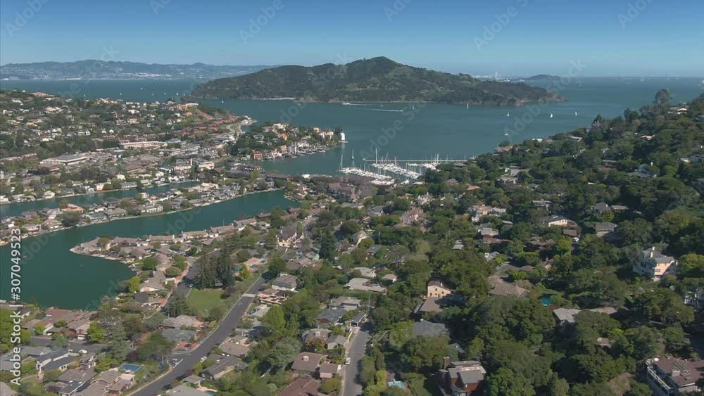 Aerial: Town Of Tiburon in Marin with a view out to Angel Island, San Francisco, USA Aerial: Town Of Tiburon in Marin with a view out to Angel Island, San Francisco, USA