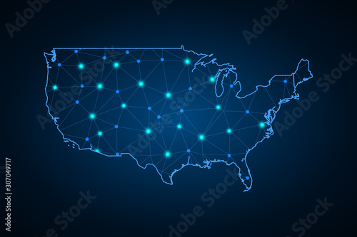 Map of United States. Wire frame 3D mesh polygonal network line, design sphere, dot and structure. communications map of United States. Vector Illustration EPS10.