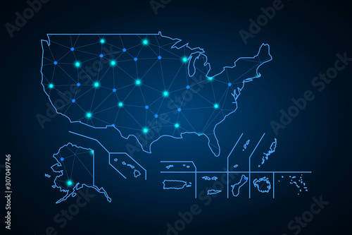 Map of United States. Wire frame 3D mesh polygonal network line, design sphere, dot and structure. communications map of United States. Vector Illustration EPS10.