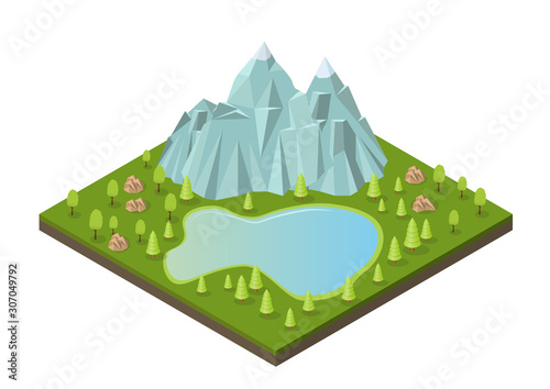 Isometric mountains with lake and trees.