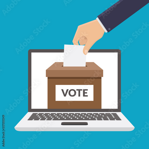 Online vote concept, hand input ballots on laptop screen flat design vector illustration