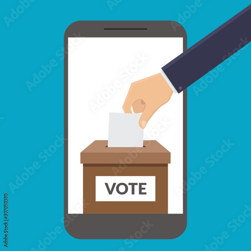 Online vote concept, hand input ballots on smart phone screen flat design vector illustration