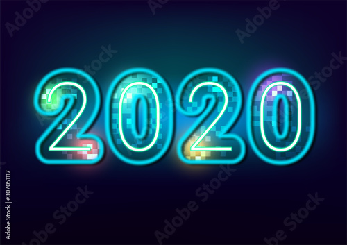 festival celebration, happy new year, 2020 blue neon, colorful glowing, night background, Isolated vector design