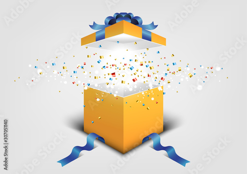 premium festival celebration, open yellow gift box, colorful ribbon, merry christmas, happy new year, birthday, Isolated vector design