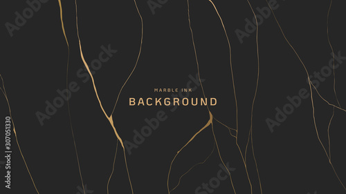 Abstract background, golden marble ink texture on dark grey