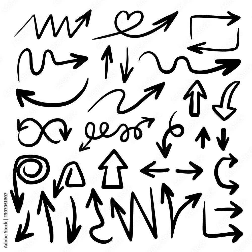 Arrows hand drawn doodle vector set. Sketch arrow design for application, banner, print screen, pen marks, map and typography design guide line. Arrows hand drawn doodle vector set. Sketch arrow design for application, banner, print screen, pen marks, map and typography design guide line.