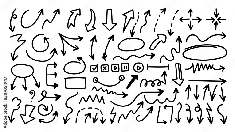 Arrows hand drawn doodle vector set. Sketch arrow design for application, banner, print screen, pen marks, map and typography design guide line.