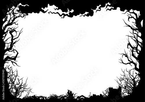 Forest silhouette frame/ Illustration horizontal frame with trees, shrubs, snags photo