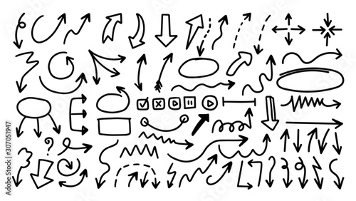 Arrows hand drawn doodle vector set. Sketch arrow design for application  banner  print screen  pen marks  map and typography design guide line.