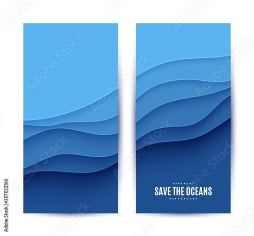 Two abstract vertical flyer collection in cut paper style. Set of cutout blue sea wave template for for save the Earth posters, World Water Day, eco brochures. Vector water applique card illustration.