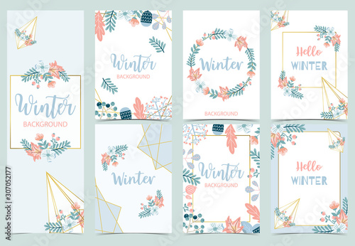 Collection of winter background set with bird,flower,leaves.Editable vector illustration for birthday invitation,postcard and website banner