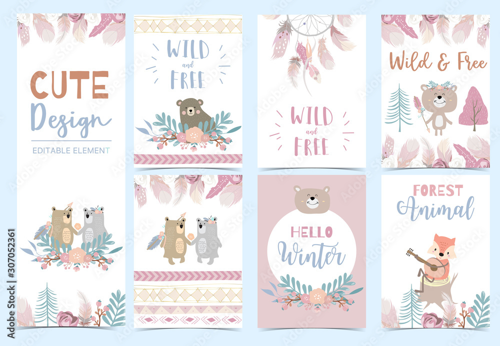 Collection of woodland cards set with fox,tiger,flower,wreath.Vector illustration for birthday invitation,postcard and sticker.Editable element Collection of woodland cards set with fox,tiger,flower,wreath.Vector illustration for birthday invitation,postcard and sticker.Editable element