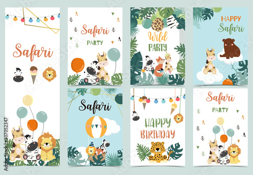 Collection of safari background set with giraffe,balloon,zebra,leopard.Vector illustration for birthday invitation,postcard and sticker.Wording include wild and free.Editable element © piixypeach