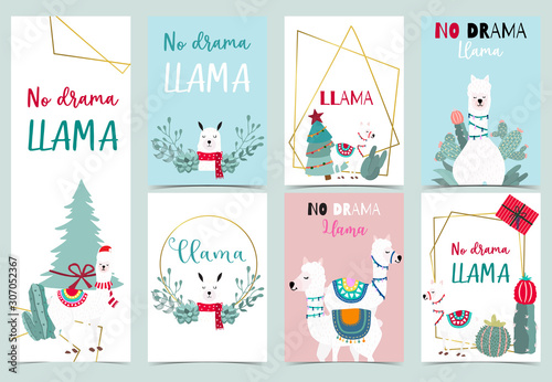 Collection of animal background set with llama,cactus,charistmas tree.Vector illustration for birthday invitation,postcard and sticker.Editable element