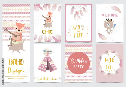 Collection of woodland cards set with fox,bear.Vector illustration for birthday invitation,postcard and sticker.Editable element