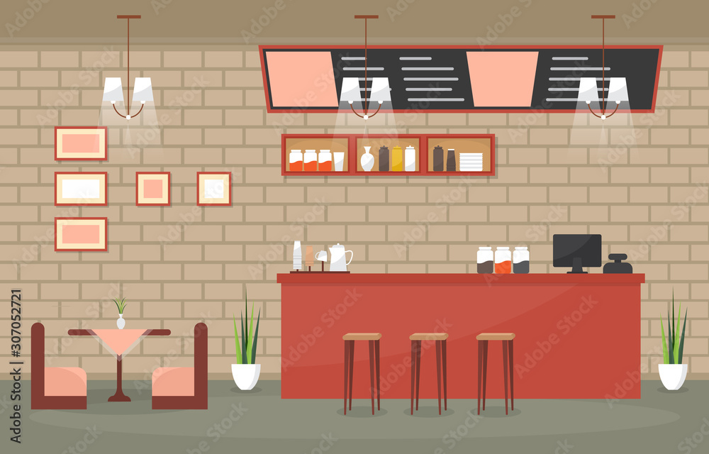 Modern Cafe Coffee Shop Interior Furniture Restaurant Flat Design ...