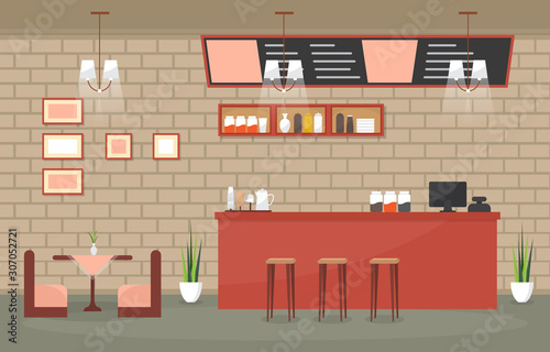 Modern Cafe Coffee Shop Interior Furniture Restaurant Flat Design Illustration