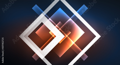 Neon glowing techno square rectangle lines, blue hi-tech futuristic abstract background