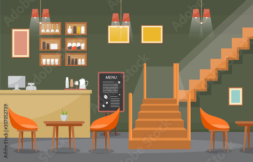 Modern Cafe Coffee Shop Interior Furniture Restaurant Flat Design Illustration