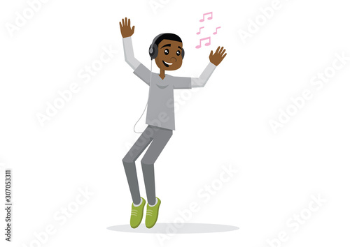 African Man with dancing to music with headphones.