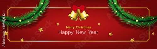 festival celebration, bell and pine leaf banner, red background, merry christmas, happy new year, Isolated vector design for website and other