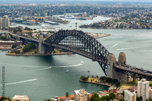 Sydney harbour bridge as seen from Kirribilli aerial shot