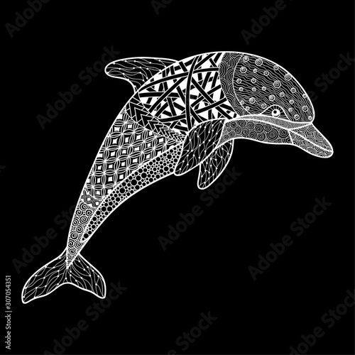 beautiful monochrome black and white dolphin with decorative flourish element. Hand Drawn vector illustration isolated on background. Vintage sketch for tattoo design or mehandi