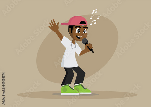 African Boy sings a music in a microphone.